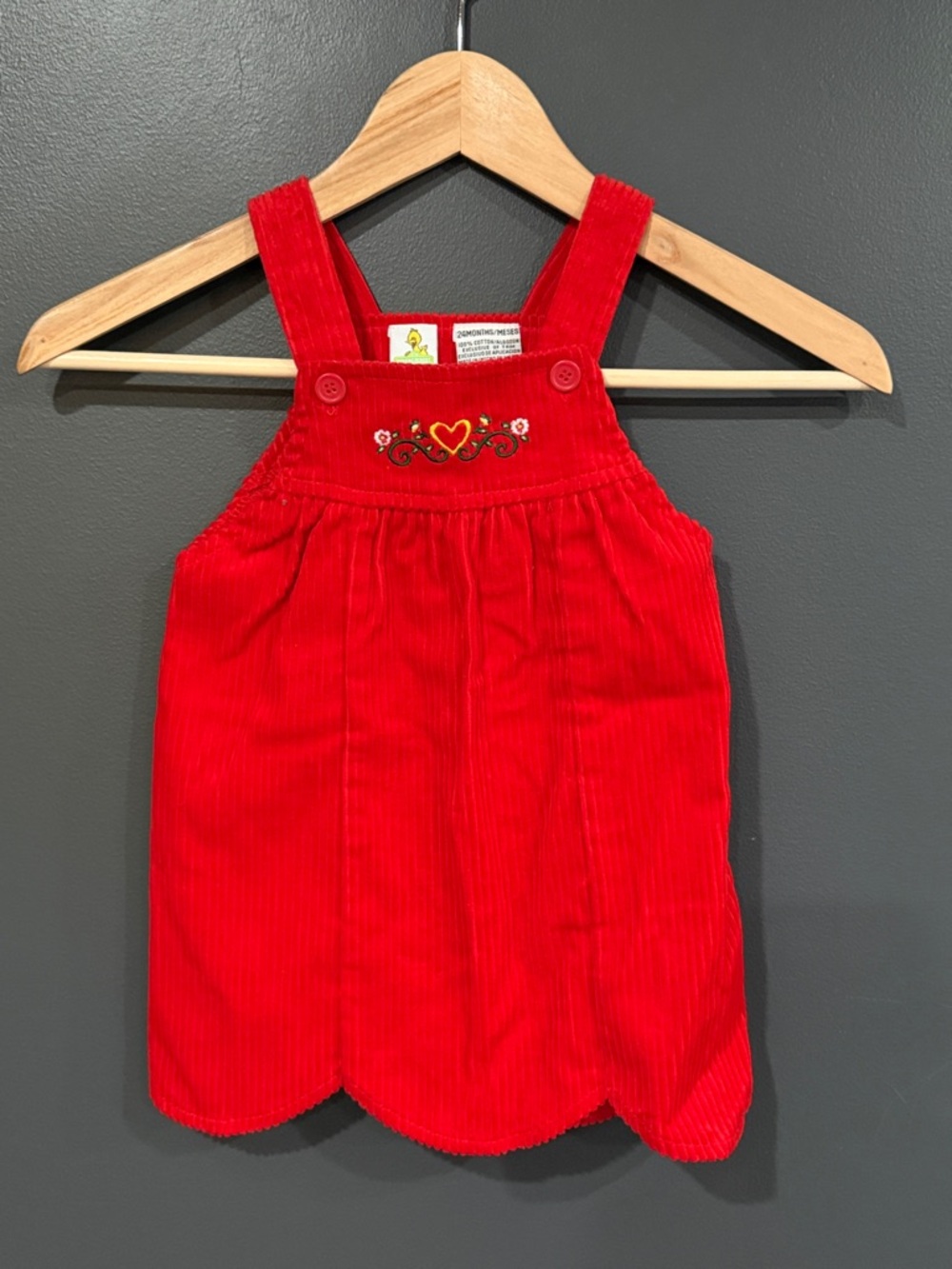 Sesame Street Red Corduroy Heart-Embroidered Girls' Overalls Dress